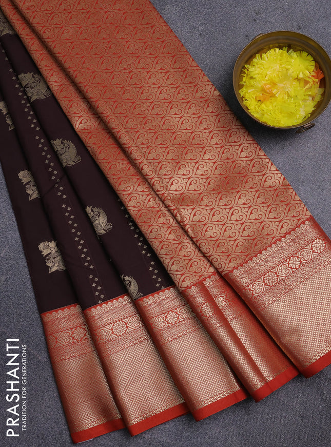 Semi kanchipuram silk saree coffee brown and rustic orange with allover self emboss & zari buttas and zari woven korvai border