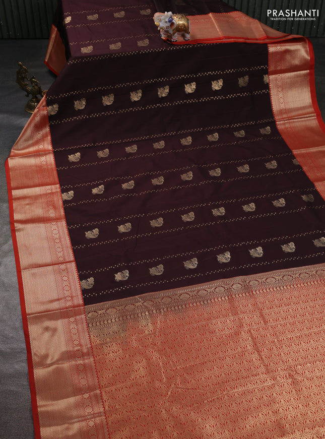 Semi kanchipuram silk saree coffee brown and rustic orange with allover self emboss & zari buttas and zari woven korvai border