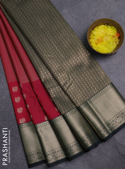 Semi kanchipuram silk saree reddish pink and bottle green with allover zari checks & buttas and zari woven korvai border