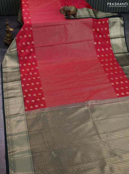 Semi kanchipuram silk saree reddish pink and bottle green with allover zari checks & buttas and zari woven korvai border