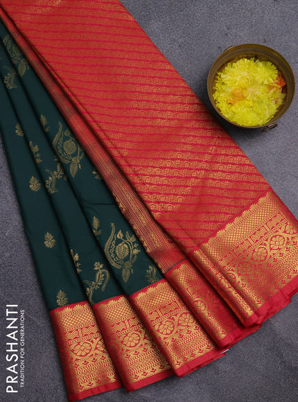 Semi kanchipuram silk saree bottle green and red with zari woven buttas and zari woven korvai border
