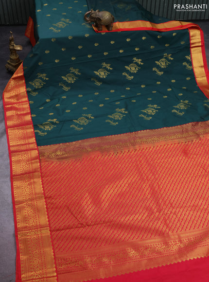 Semi kanchipuram silk saree bottle green and red with zari woven buttas and zari woven korvai border