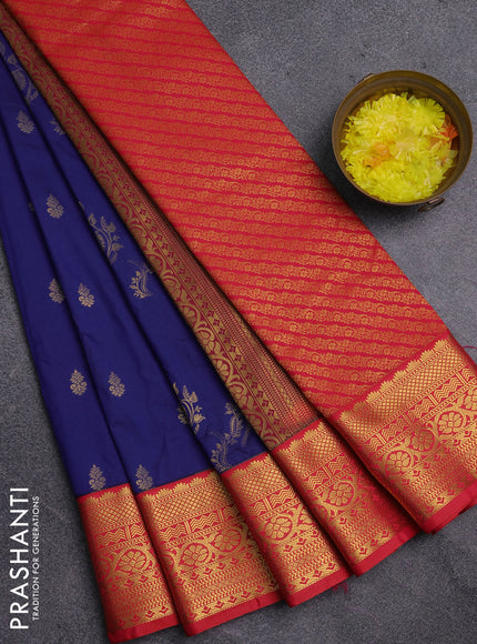 Semi kanchipuram silk saree blue and red with zari woven buttas and zari woven korvai border