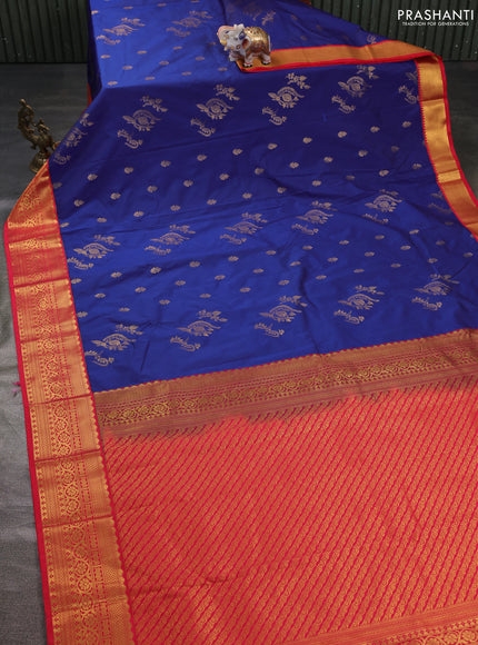 Semi kanchipuram silk saree blue and red with zari woven buttas and zari woven korvai border