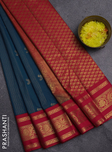 Semi kanchipuram silk saree peacock blue and pink with allover zari weaves & buttas and zari woven korvai border