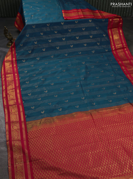 Semi kanchipuram silk saree peacock blue and pink with allover zari weaves & buttas and zari woven korvai border