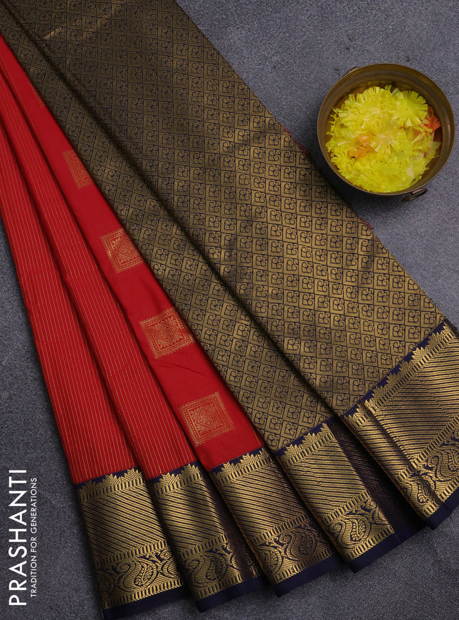 Semi kanchipuram silk saree red and navy blue with allover zari weaves & buttas and zari woven korvai border