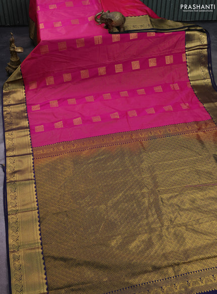 Semi kanchipuram silk saree pink and navy blue with allover zari weaves & buttas and zari woven korvai border