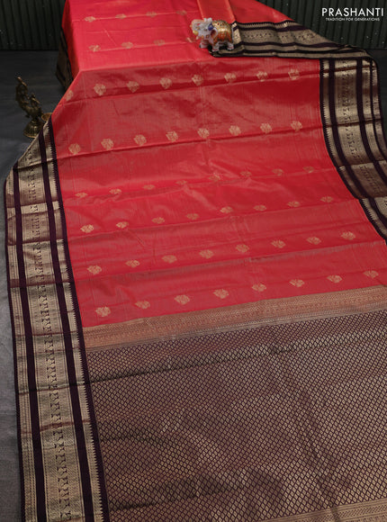 Semi kanchipuram silk saree reddish pink and wine shade with allover zari weaves & buttas and zari woven korvai border