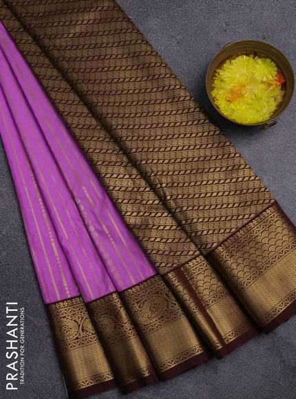 Semi kanchipuram silk saree lavender and coffee brown with allover zari weaves and zari woven korvai border