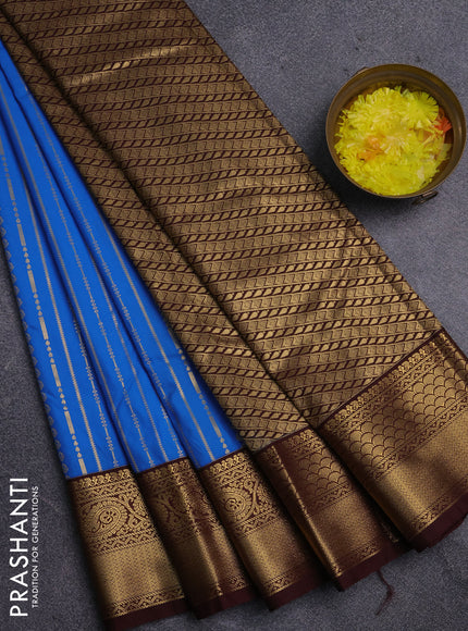 Semi kanchipuram silk saree cs blue and coffee brown with allover zari weaves and zari woven korvai border