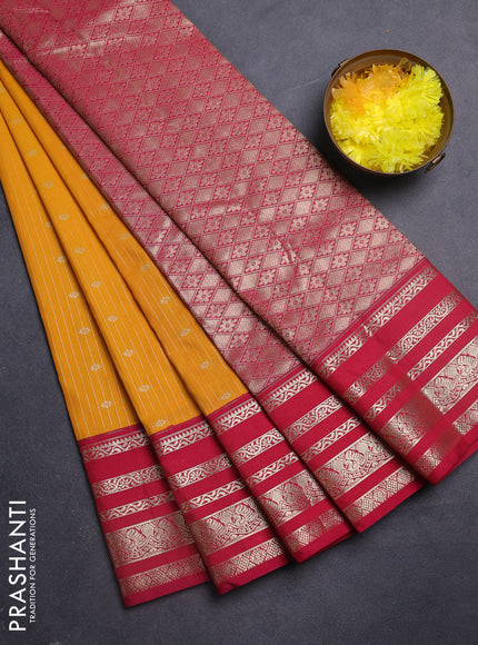 Semi kanchipuram silk saree mango yellow and pink with allover zari weaves & buttas and zari woven korvai border