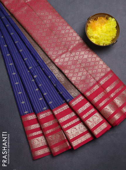 Semi kanchipuram silk saree dark blue and pink with allover zari weaves & buttas and zari woven korvai border