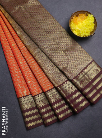 Semi kanchipuram silk saree sunset orange and deep maroon with allover small zari checks & buttas and zari woven korvai border