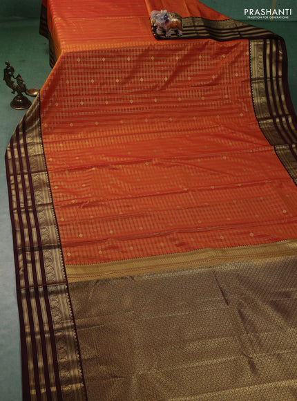 Semi kanchipuram silk saree sunset orange and deep maroon with allover small zari checks & buttas and zari woven korvai border
