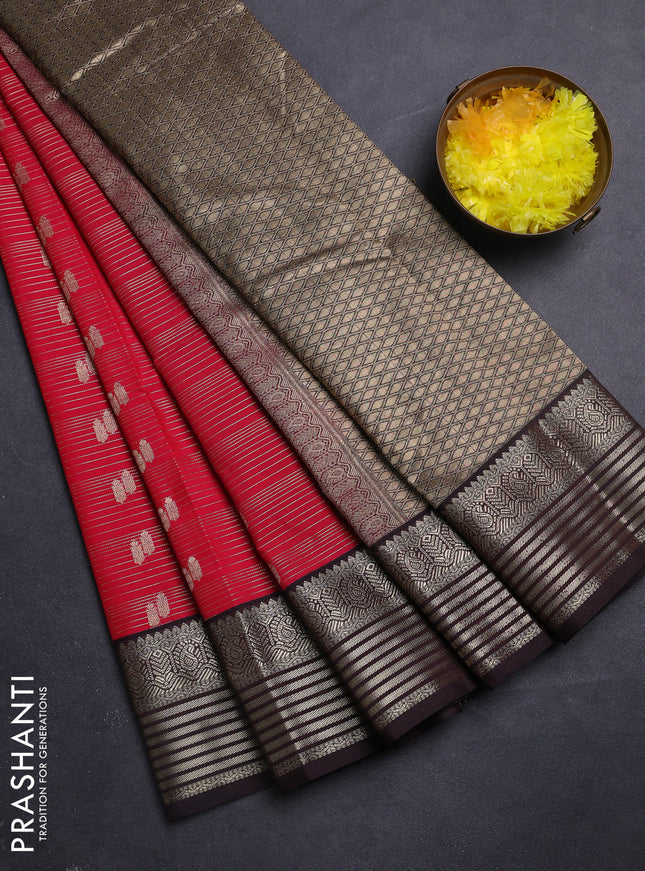 Semi kanchipuram silk saree pink and coffee brown with allover zari weaves & buttas and zari woven korvai border