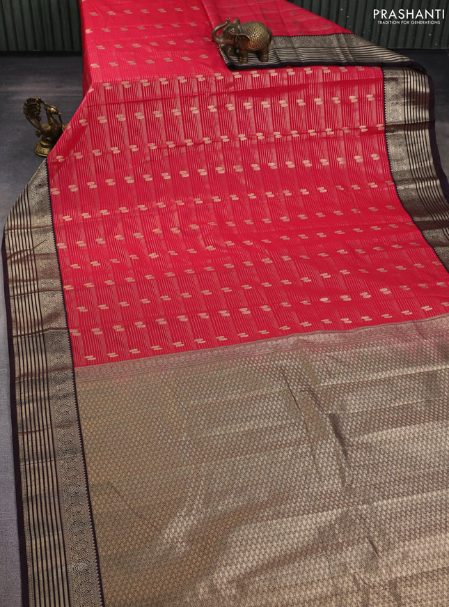 Semi kanchipuram silk saree pink and coffee brown with allover zari weaves & buttas and zari woven korvai border