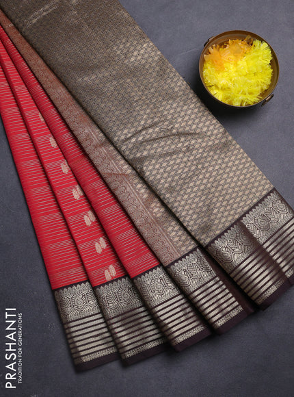 Semi kanchipuram silk saree dual shade of red and coffee brown with allover zari weaves & buttas and zari woven korvai border