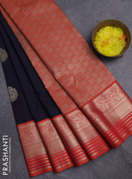 Semi kanchipuram silk saree navy blue and orange with zari woven buttas and zari woven korvai border