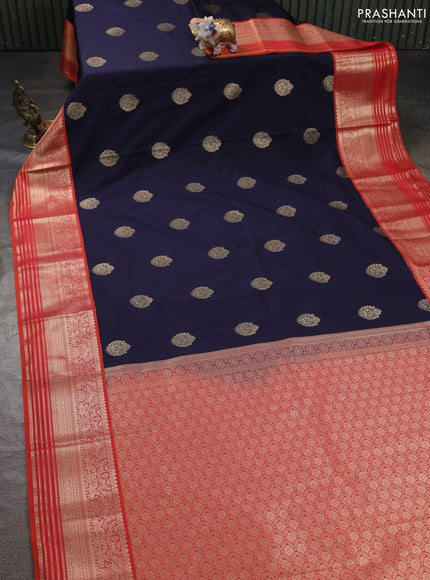 Semi kanchipuram silk saree navy blue and orange with zari woven buttas and zari woven korvai border