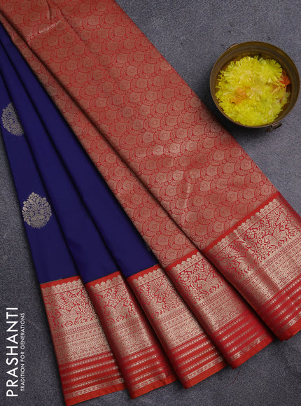 Semi kanchipuram silk saree blue and orange with zari woven buttas and long zari woven korvai border