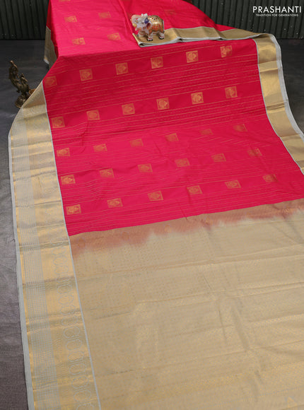 Semi kanchipuram silk saree pink and pastel grey with allover zari weaves & buttas and zari woven korvai border