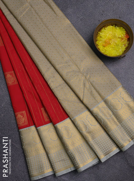 Semi kanchipuram silk saree red and pastel grey with allover zari weaves & buttas and zari woven korvai border