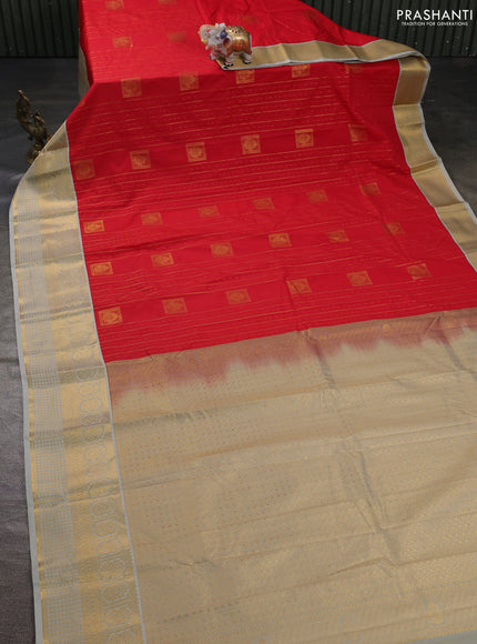 Semi kanchipuram silk saree red and pastel grey with allover zari weaves & buttas and zari woven korvai border