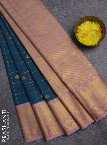 Semi kanchipuram silk saree peacock blue and pastel pink with allover zari checks & buttas and zari woven korvai border