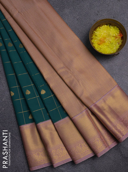 Semi kanchipuram silk saree peacock green shade and pastel pink with allover zari checks & buttas and zari woven korvai border