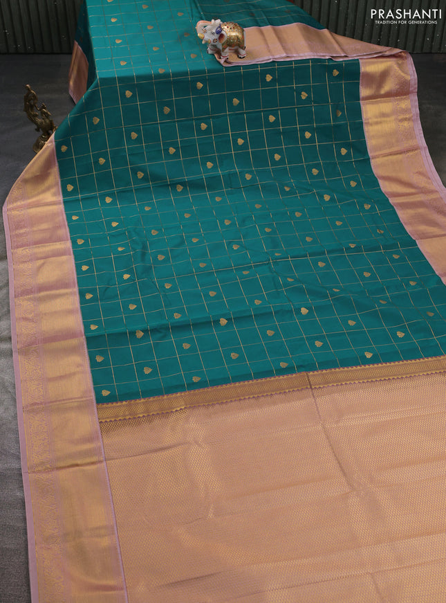 Semi kanchipuram silk saree peacock green shade and pastel pink with allover zari checks & buttas and zari woven korvai border