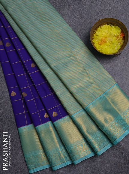 Semi kanchipuram silk saree blue and teal blue with allover zari checks & buttas and zari woven korvai border