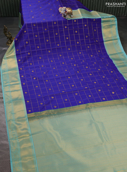 Semi kanchipuram silk saree blue and teal blue with allover zari checks & buttas and zari woven korvai border