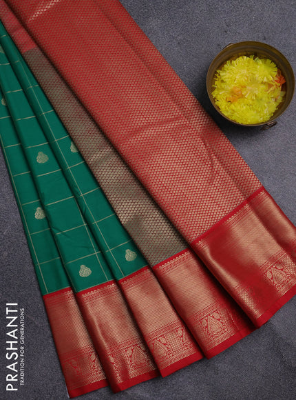 Semi kanchipuram silk saree green and red with allover zari checks & buttas and zari woven korvai border