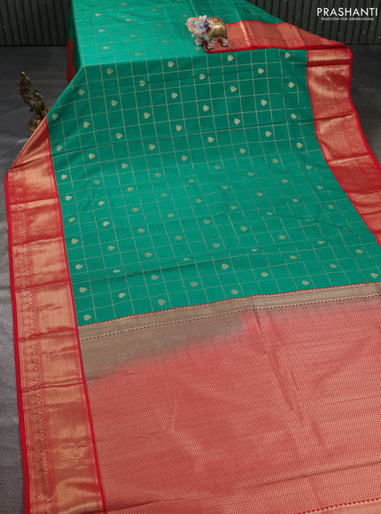 Semi kanchipuram silk saree green and red with allover zari checks & buttas and zari woven korvai border