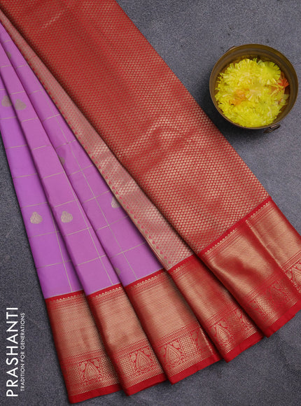 Semi kanchipuram silk saree lavender and red with allover zari checks & buttas and zari woven korvai border