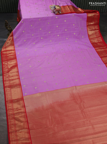 Semi kanchipuram silk saree lavender and red with allover zari checks & buttas and zari woven korvai border