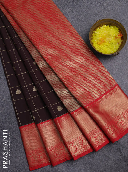 Semi kanchipuram silk saree coffee brown and red with allover zari checks & buttas and zari woven korvai border