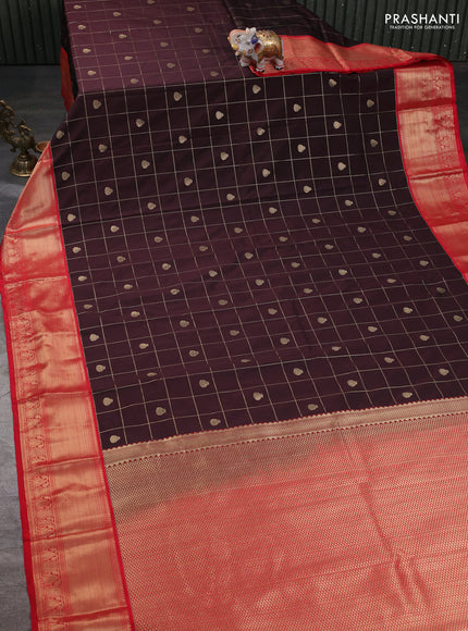 Semi kanchipuram silk saree coffee brown and red with allover zari checks & buttas and zari woven korvai border