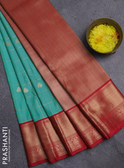 Semi kanchipuram silk saree teal blue and red with allover small zari checks & buttas and zari woven korvai border