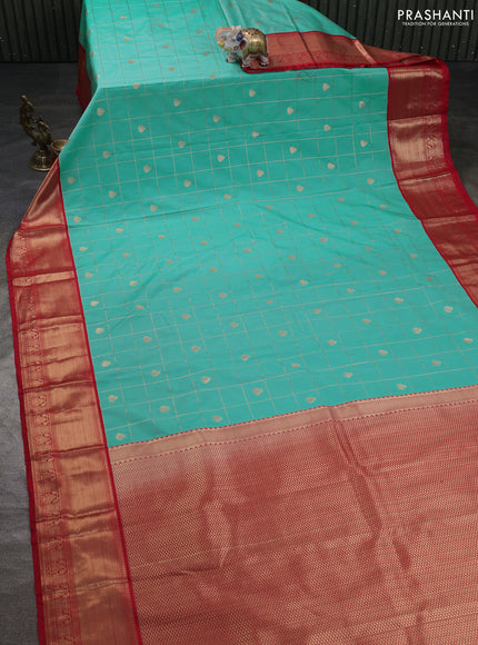 Semi kanchipuram silk saree teal blue and red with allover small zari checks & buttas and zari woven korvai border