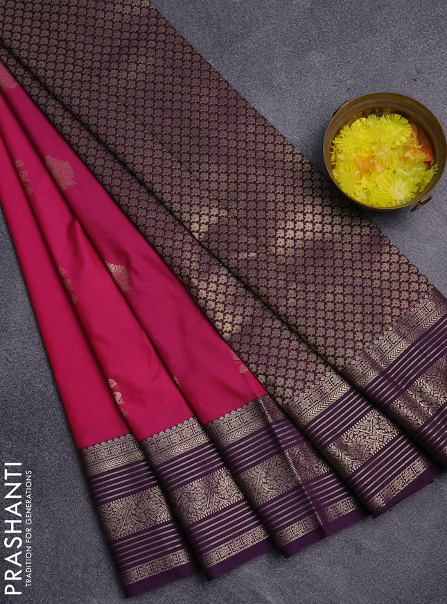 Semi kanchipuram silk saree pink and violet with zari woven buttas and zari woven korvai border