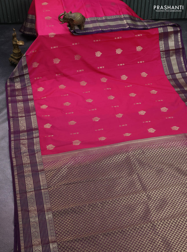 Semi kanchipuram silk saree pink and violet with zari woven buttas and zari woven korvai border