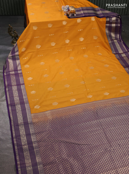 Semi kanchipuram silk saree mustard yellow and violet with zari woven buttas and zari woven korvai border