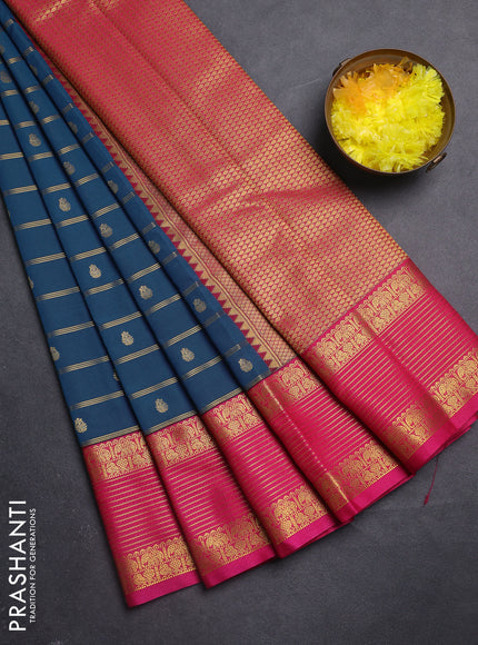 Semi kanchipuram silk saree peacock blue and pink with allover zari weaves & buttas and zari woven korvai border