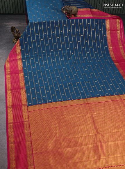 Semi kanchipuram silk saree peacock blue and pink with allover zari weaves & buttas and zari woven korvai border