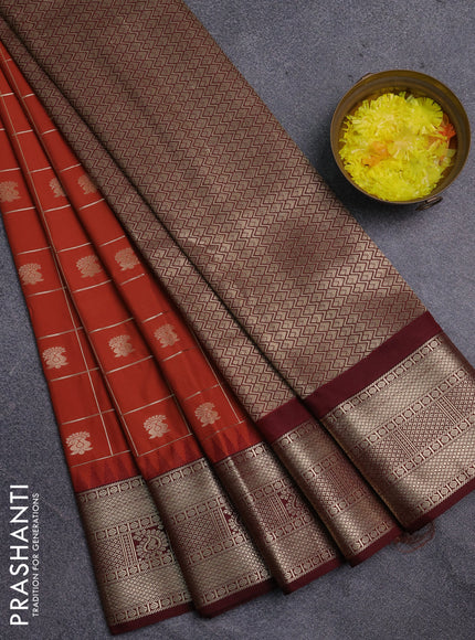Semi kanchipuram silk saree rust shade and coffee brown with allover zari checks & buttas and zari woven korvai border