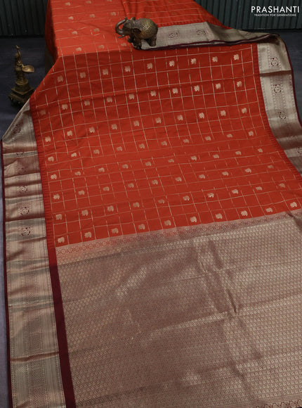 Semi kanchipuram silk saree rust shade and coffee brown with allover zari checks & buttas and zari woven korvai border