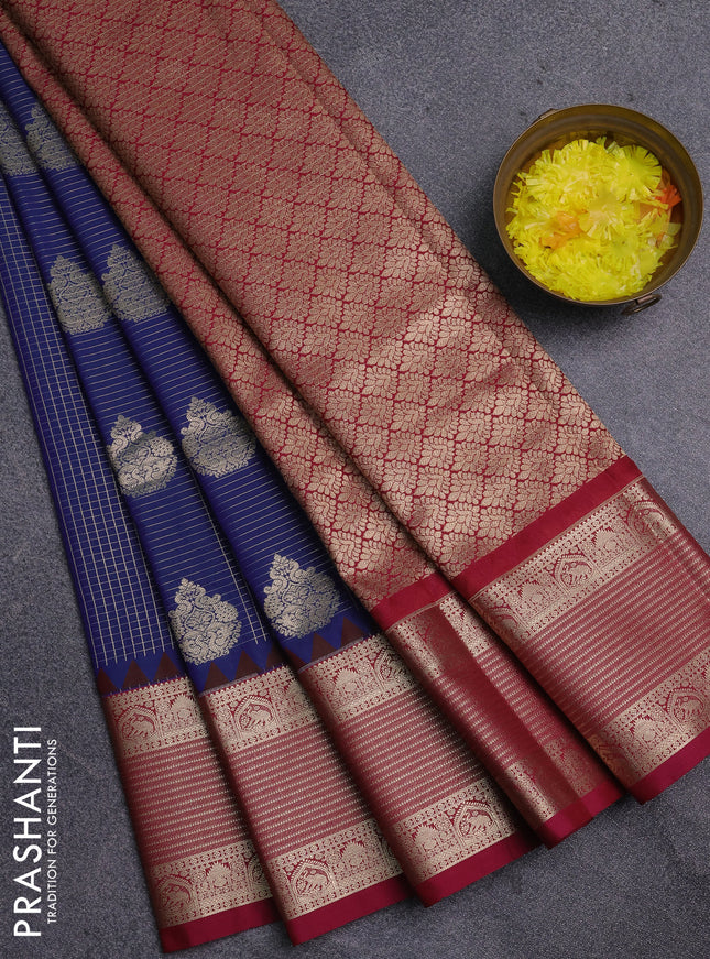 Semi kanchipuram silk saree blue and pink with allover zari checks & buttas and zari woven border