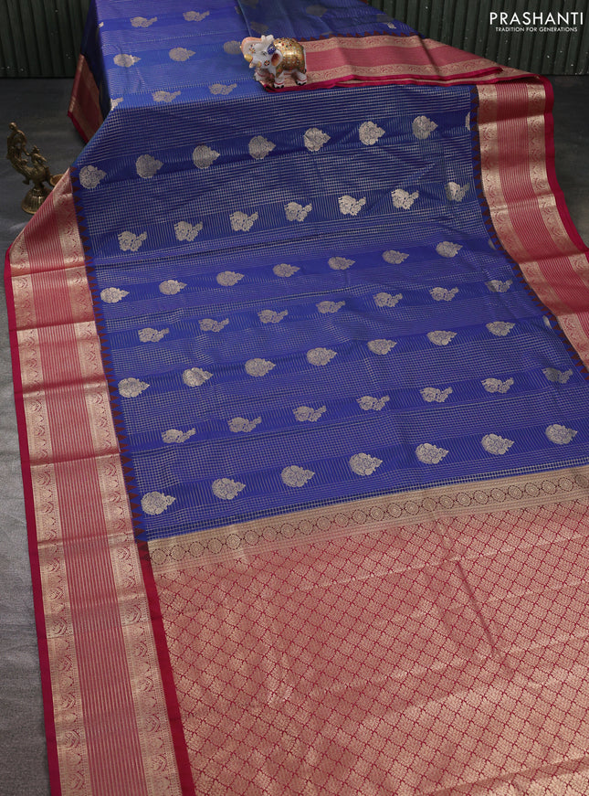 Semi kanchipuram silk saree blue and pink with allover zari checks & buttas and zari woven border